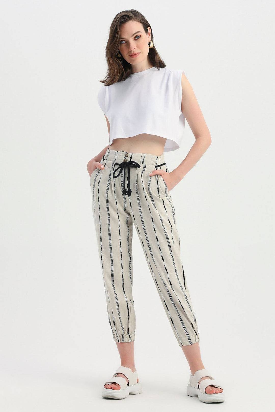Patterned Linen Jogger Pants Natural