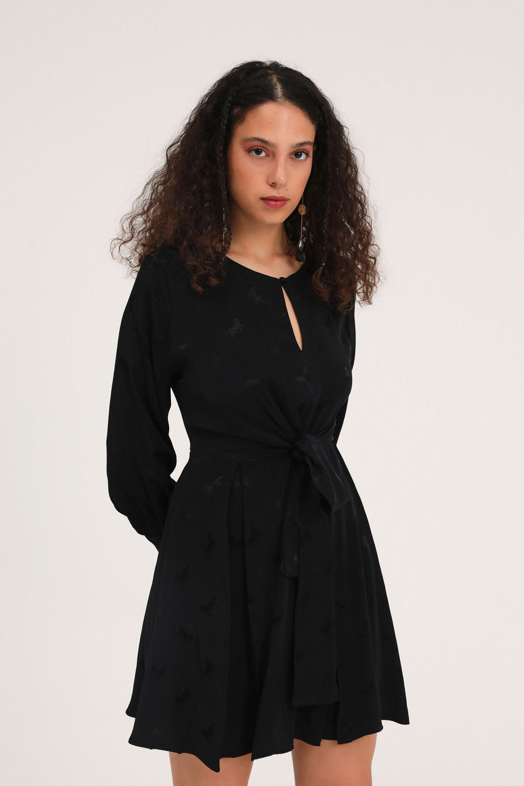 Tie Detailed Pleated Midi Dress Black