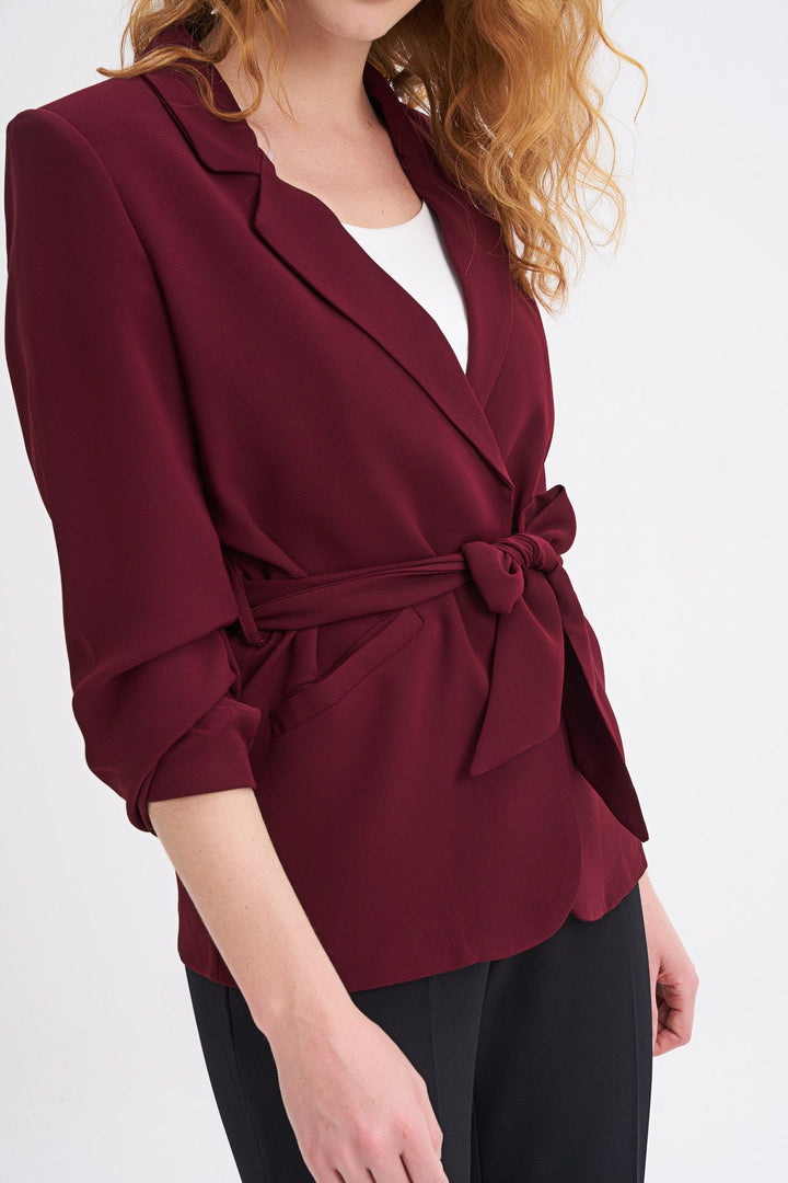 Beli Kuşaklı Fleto Cepli Ceket Bordo
