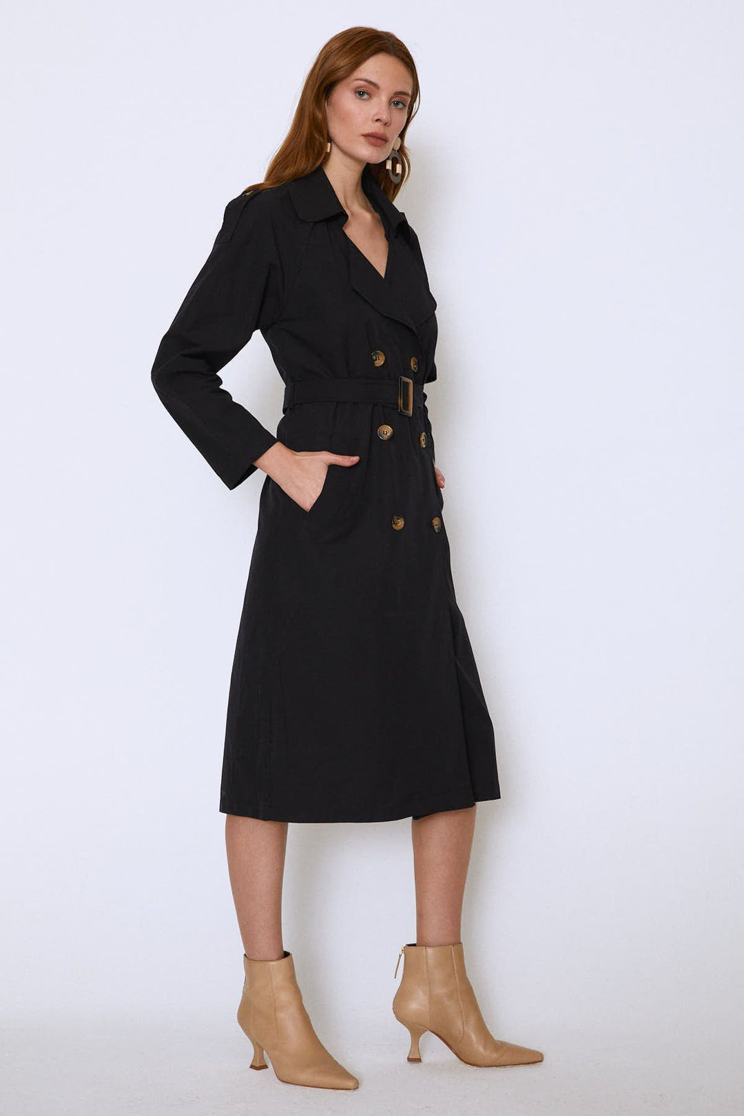 Epaulette Waist Belted Trench Coat Black