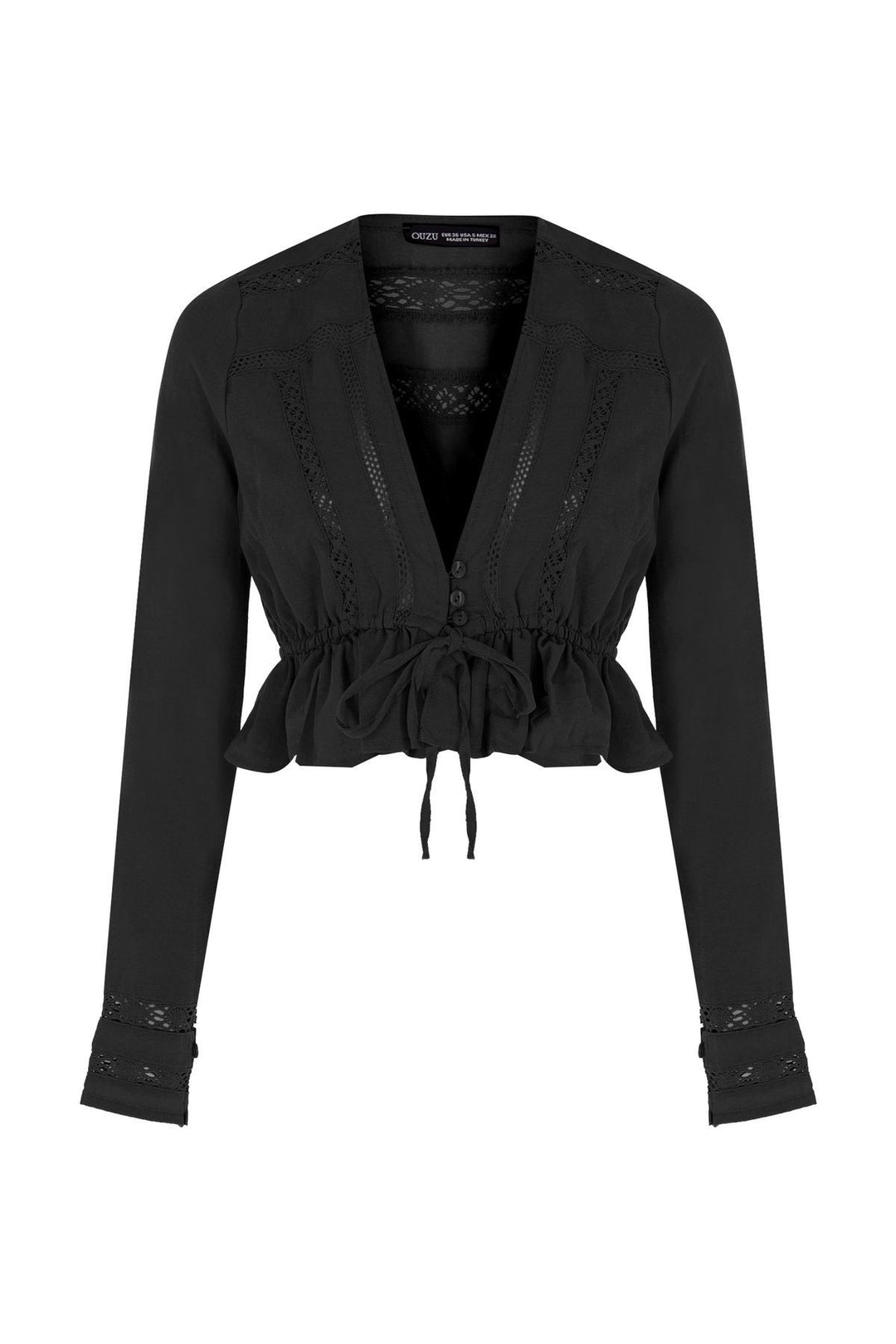 Pleated Waist V Neck Linen Blouse Black