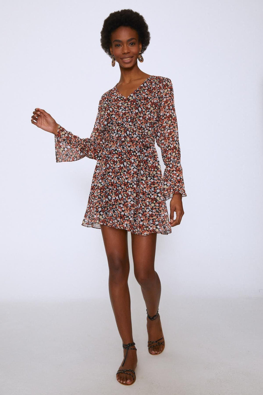 Crispy Flower Waist Belted Dress Orange