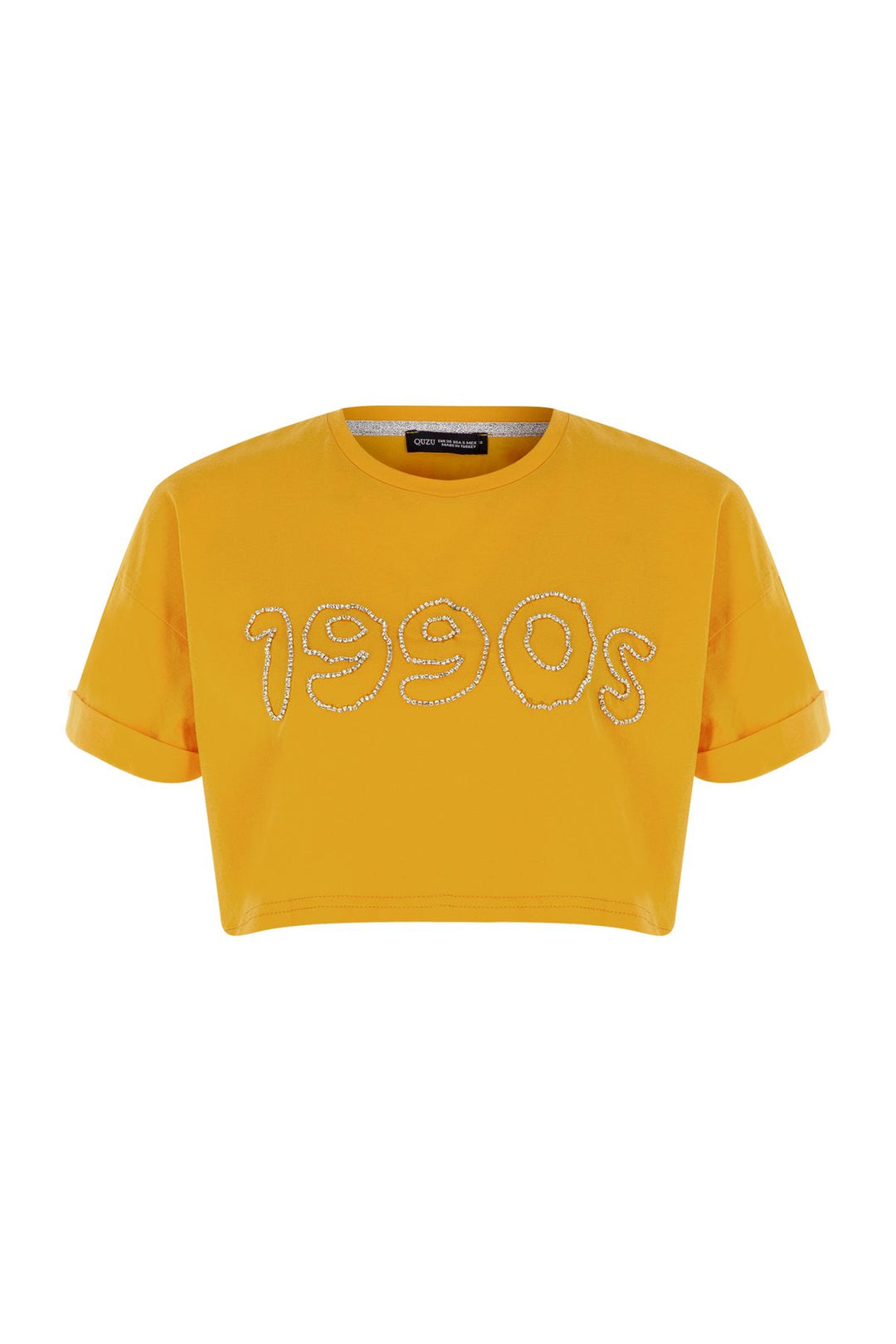 Aksesuar Baskılı Crop Tişört Turuncu