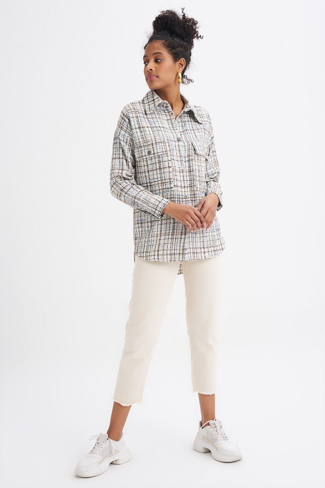 Tweed Pocketed Plaid Shirt Blue