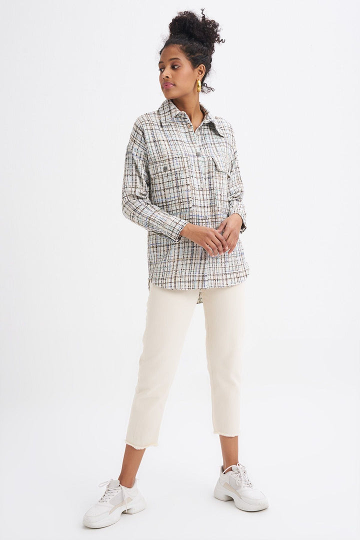 Tweed Pocketed Plaid Shirt Blue