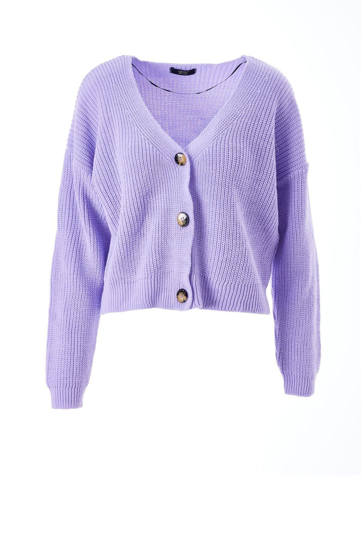 Düğmeli V Hırka Lila