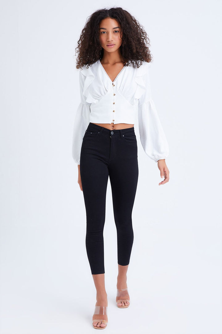 Button Front V-Neck Frilled Blouse Ecru