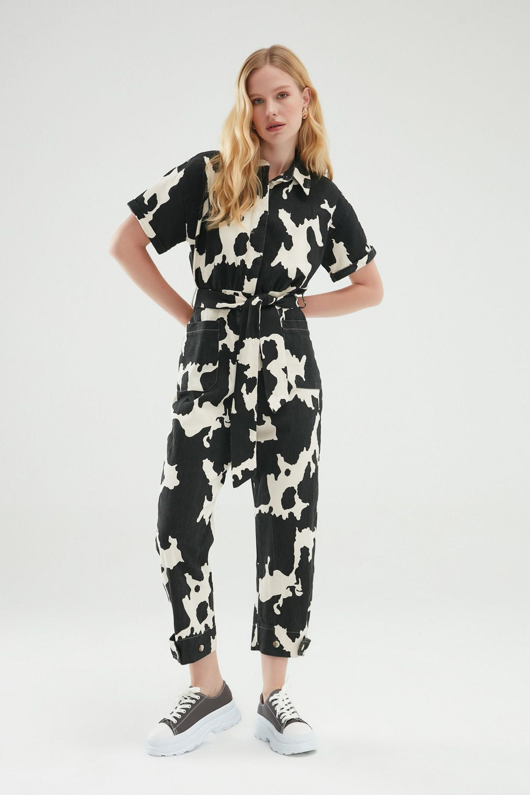 Gabardine Shirt Collar Jumpsuit Black