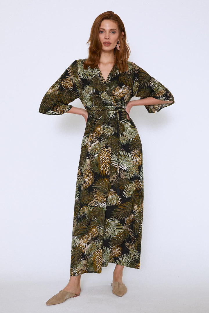 Palmiye Desenli V Yaka Elbise Haki
