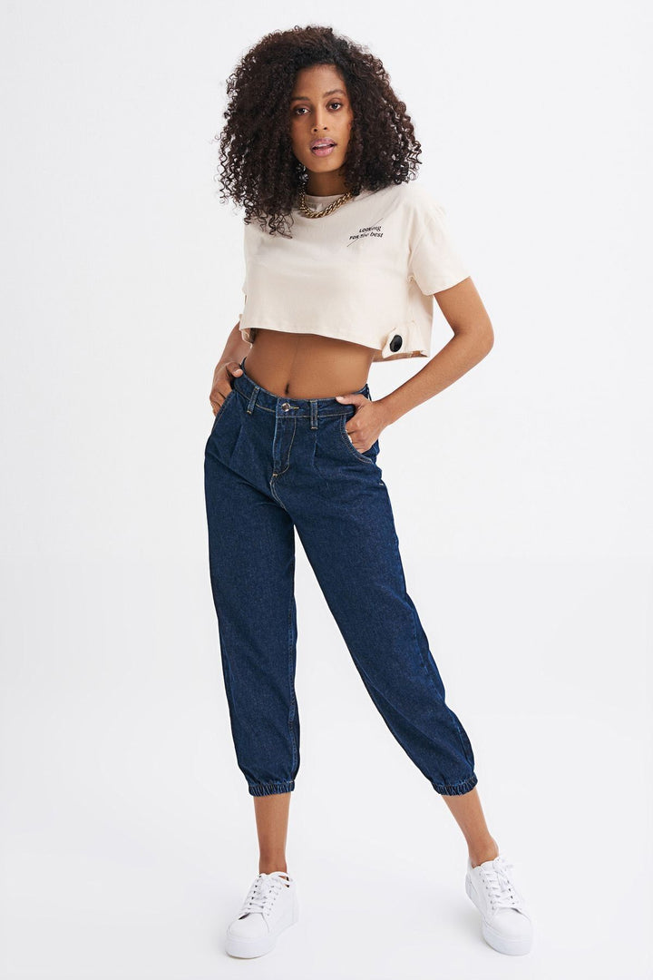 Paçası Lastikli Slouchy Pantolon Koyu Mavi