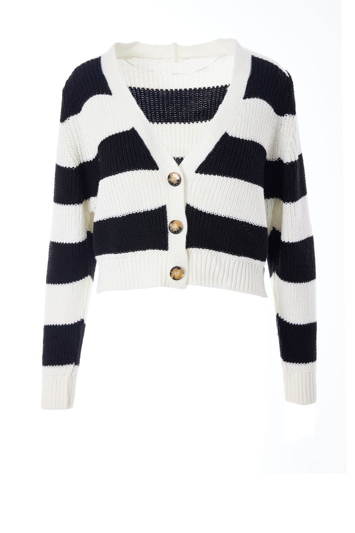 Çizgili Düğmeli Hırka Siyah