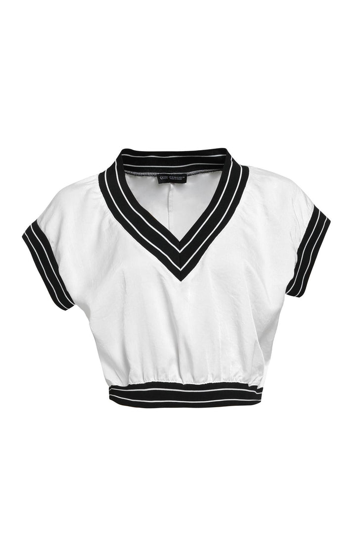 Ribanalı V Yaka Bluz Beyaz