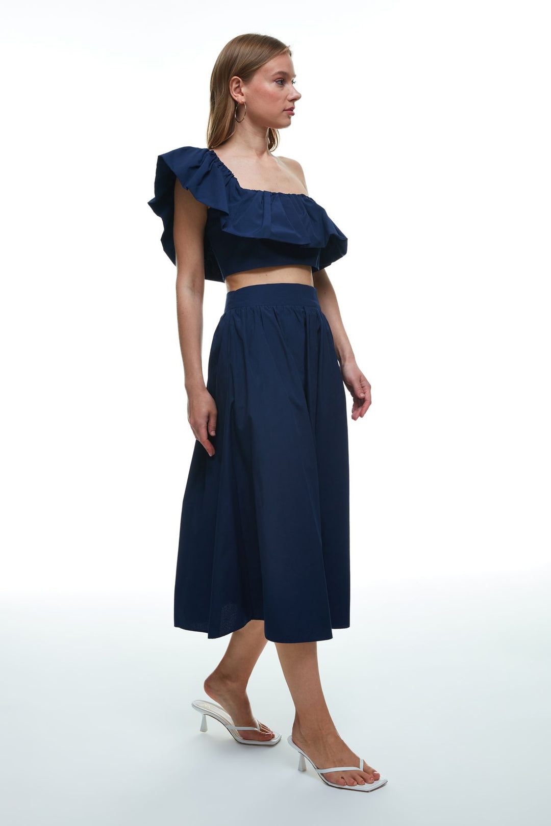 High Waist Pleated Detailed Midi Skirt Navy Blue