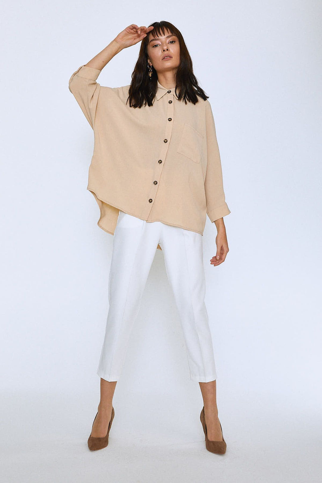Uzun Oversize Cepli Gömlek Bej