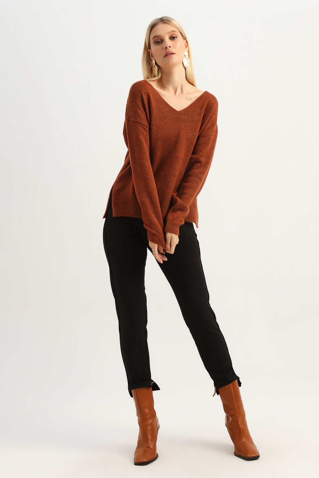 V-Neck Sweater with Side Slits Brown