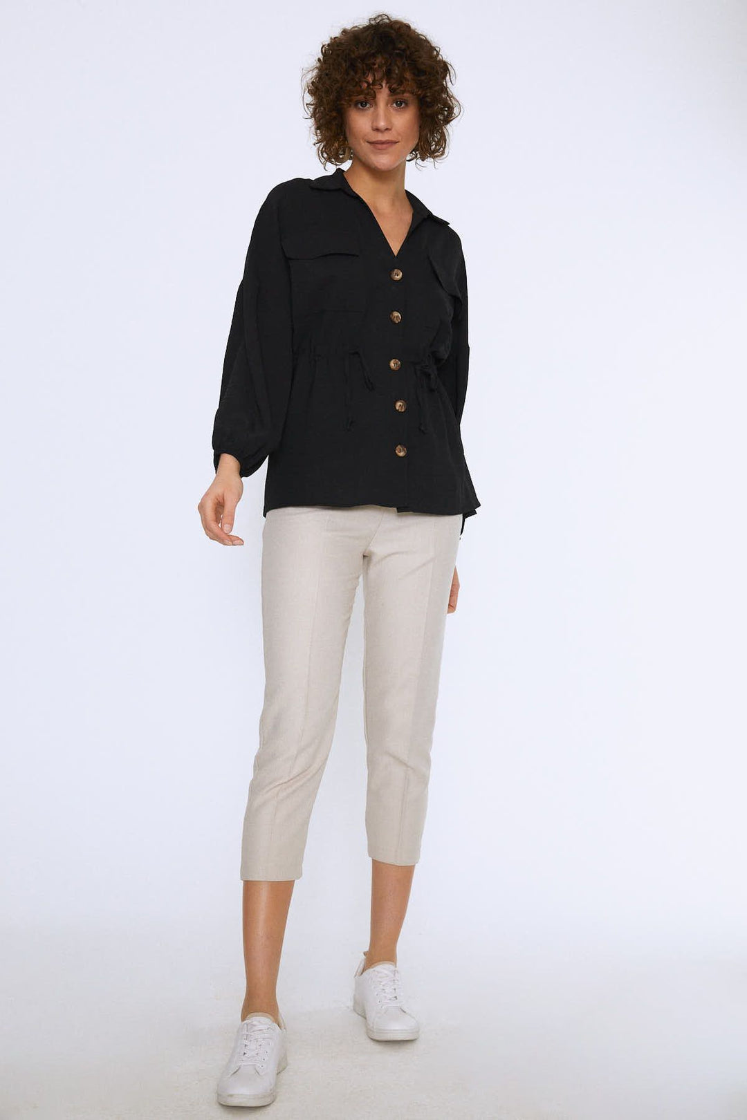 Tie Waist Pocket Shirt Black