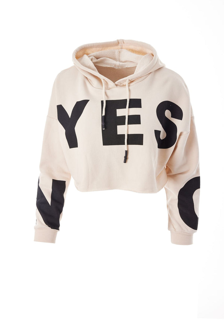 Baskılı Crop Sweatshirt Bej