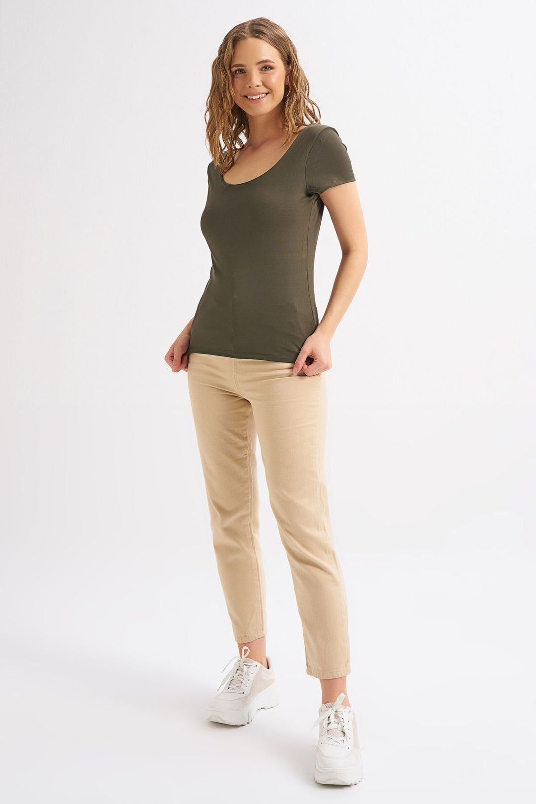 Short Sleeve Basic Blouse Khaki