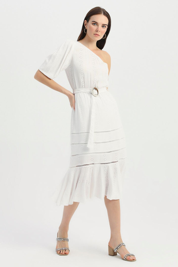 One Shoulder Belt Guipure Dress Ecru