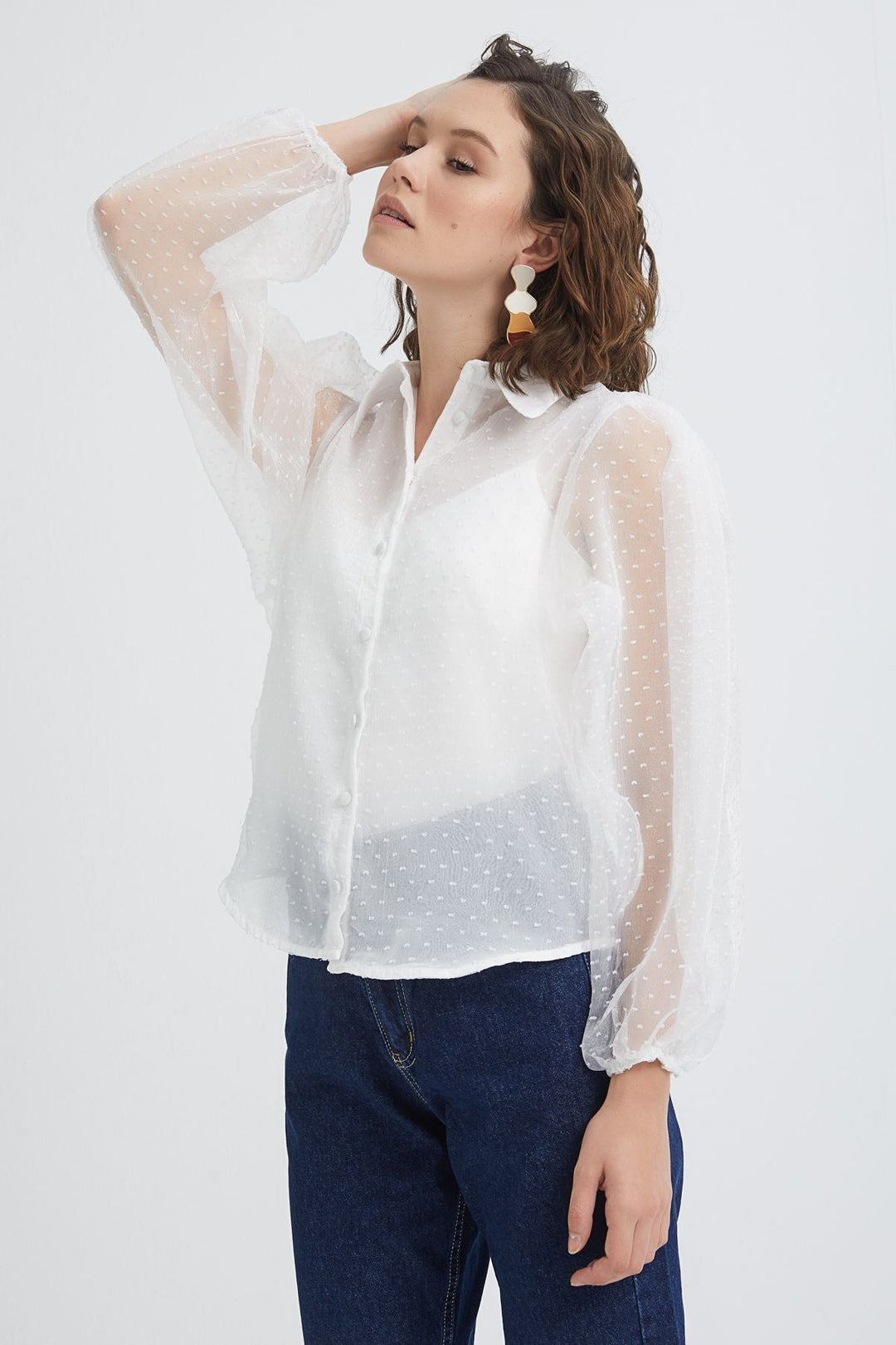 Embossed Sleeves Pleated Tulle Shirt Ecru