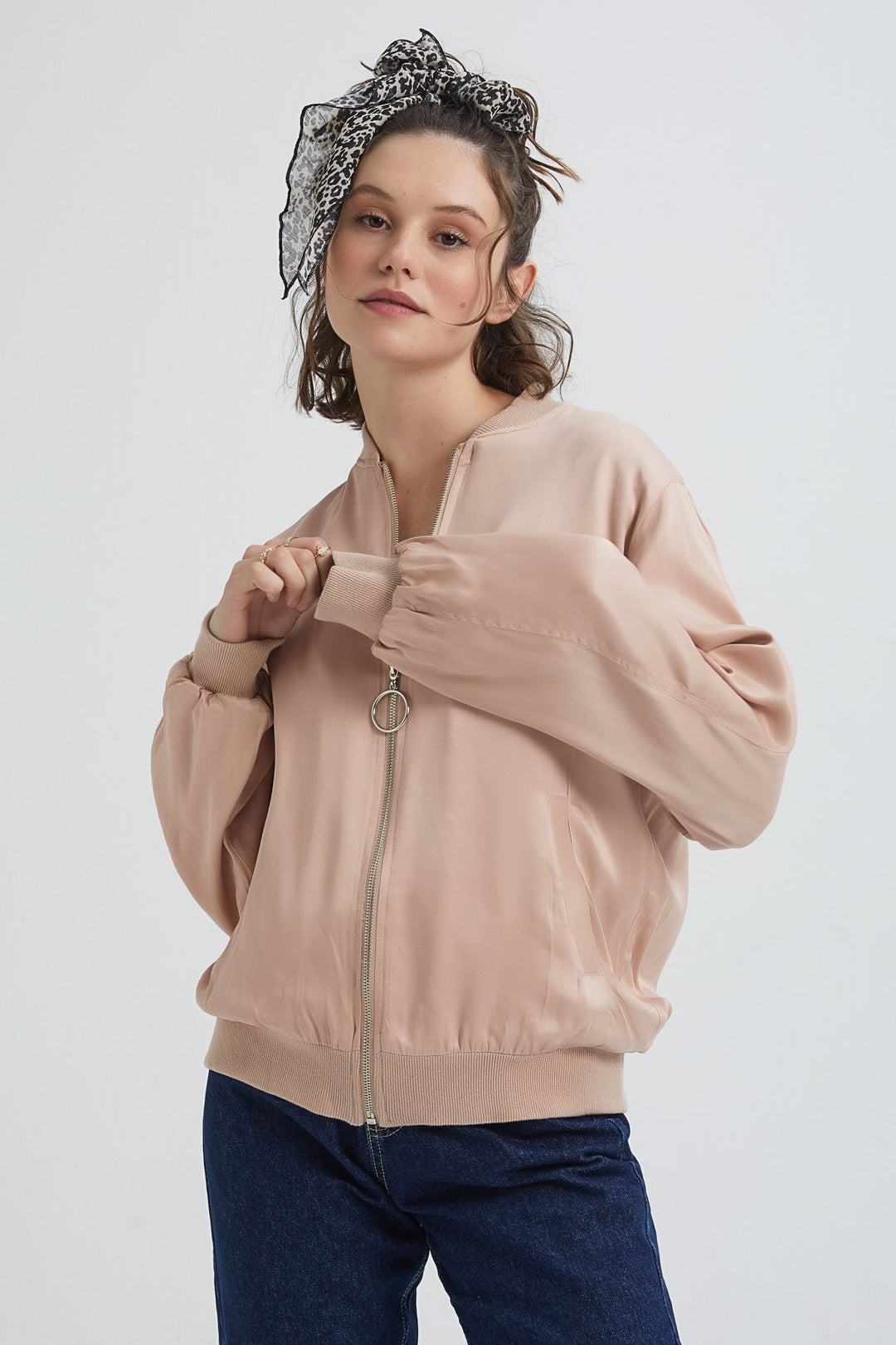 Stripe Detailed Bomber Jacket Powder