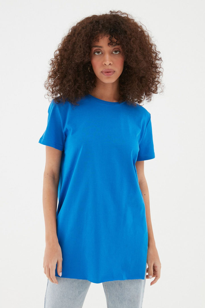 Bisiklet Yaka Yanı Yırtmaçlı Tişört Sax