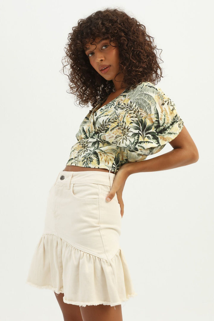Desenli Kruvaze Crop Bluz Yeşil