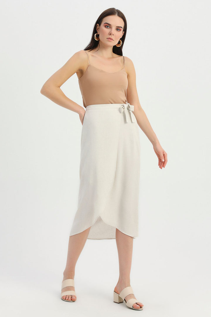 Tie Detailed Wrapped Linen Skirt Natural
