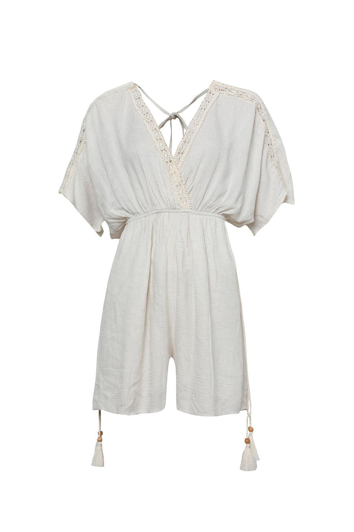 Double Breasted Guipure Linen Overalls Natural