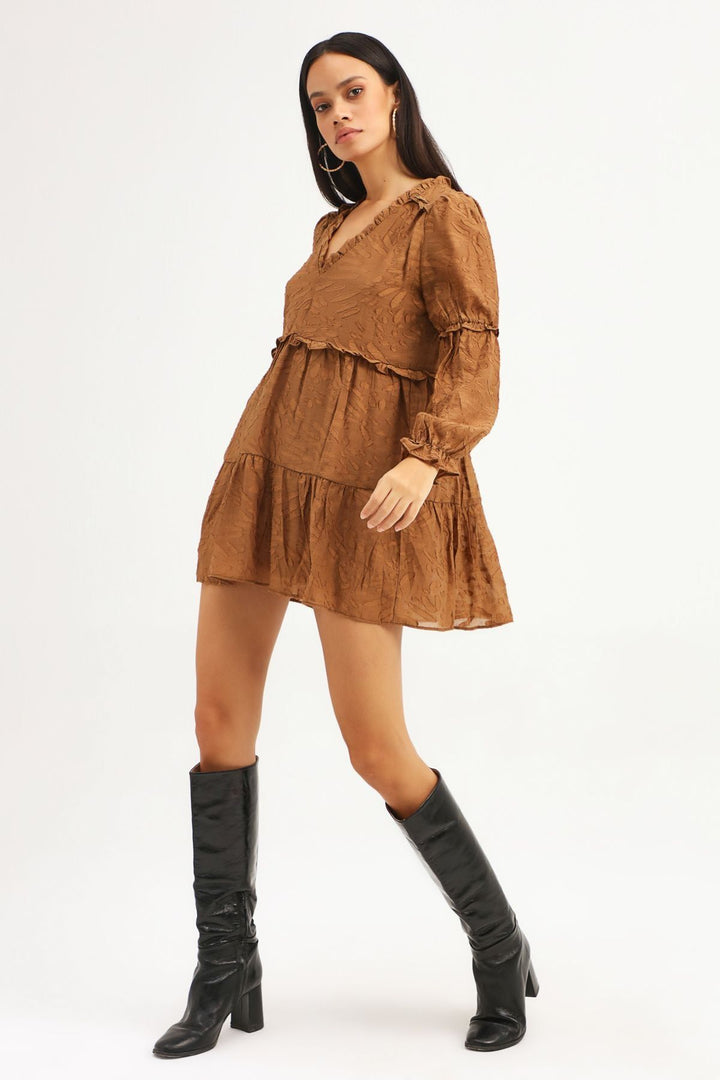V-Neck Frilly Dress Brown