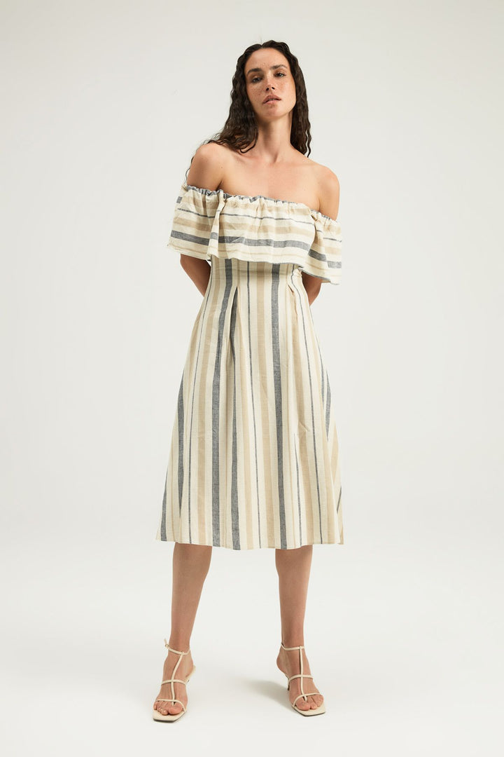 Striped Ruffle Linen Dress Beige