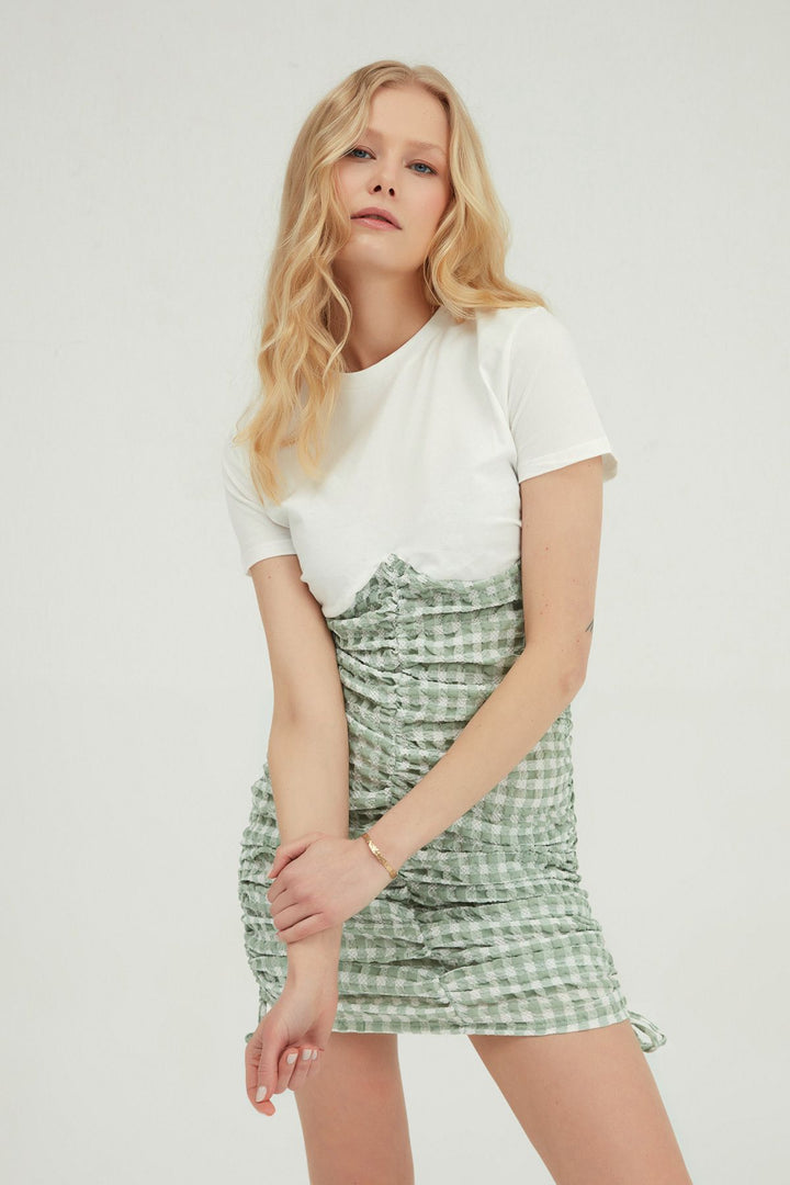 Desenli Gipeli Mini Elbise Mint