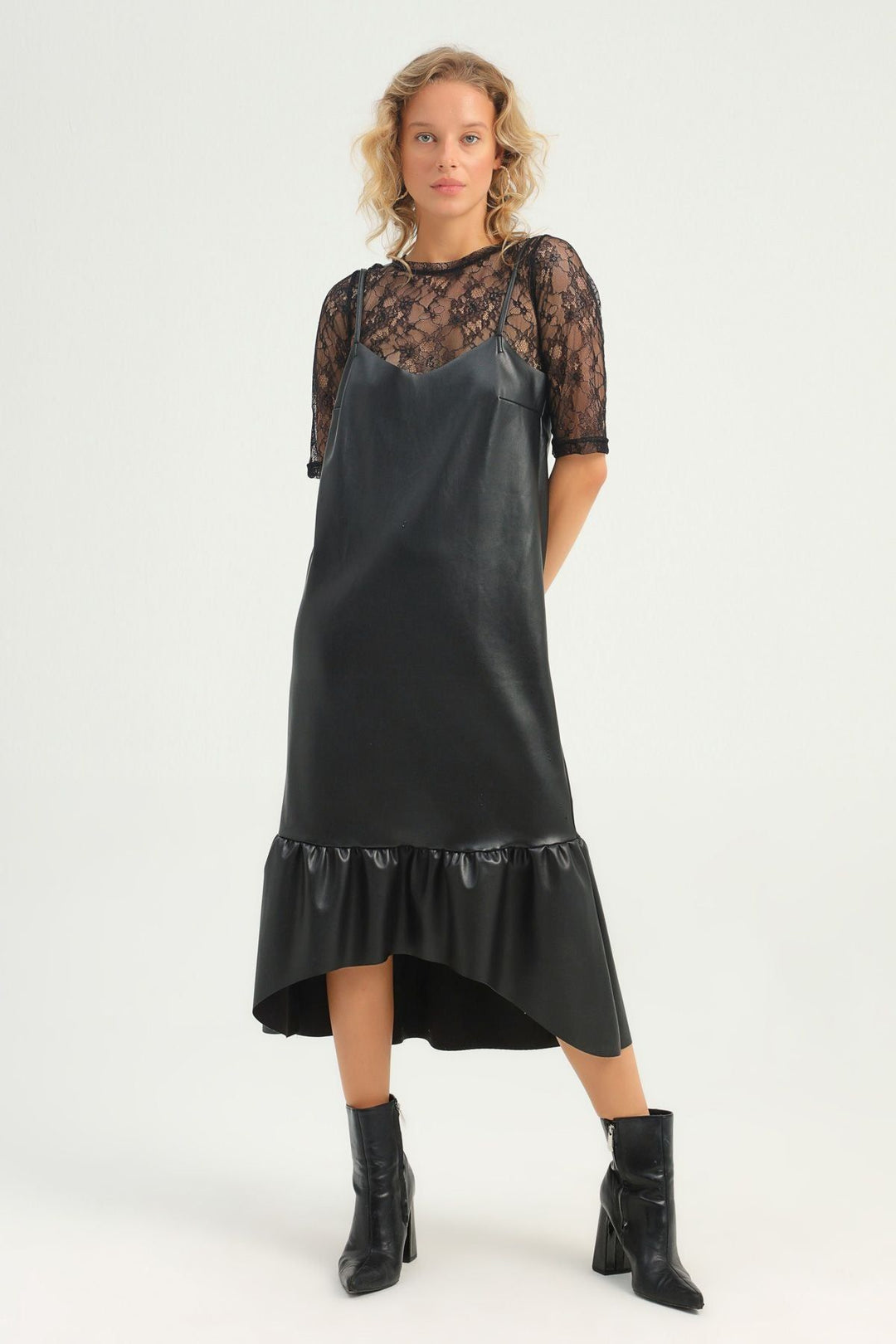 Strap Leather Dress With Lace Blouse Black