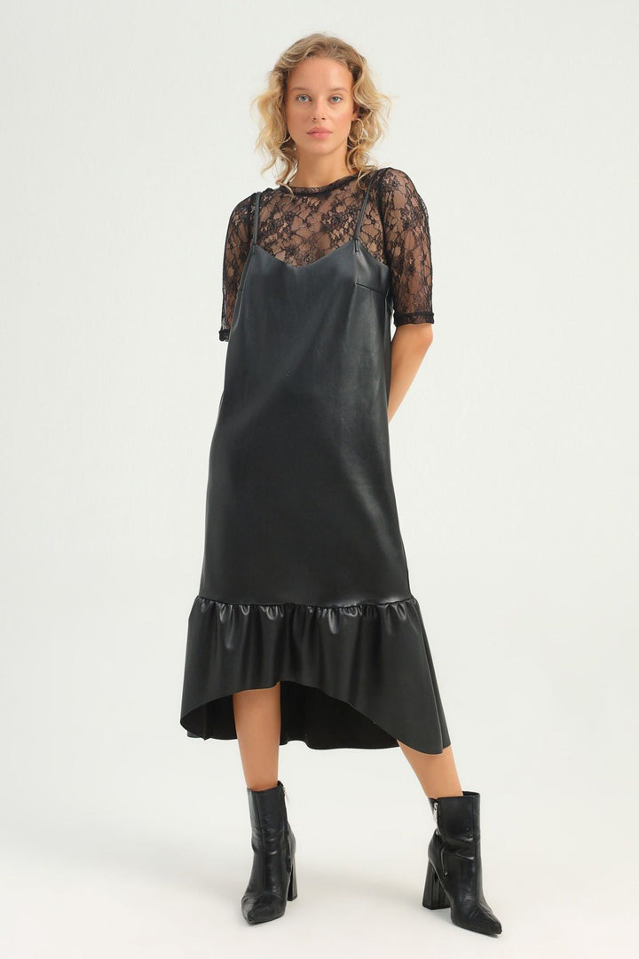 Strap Leather Dress With Lace Blouse Black