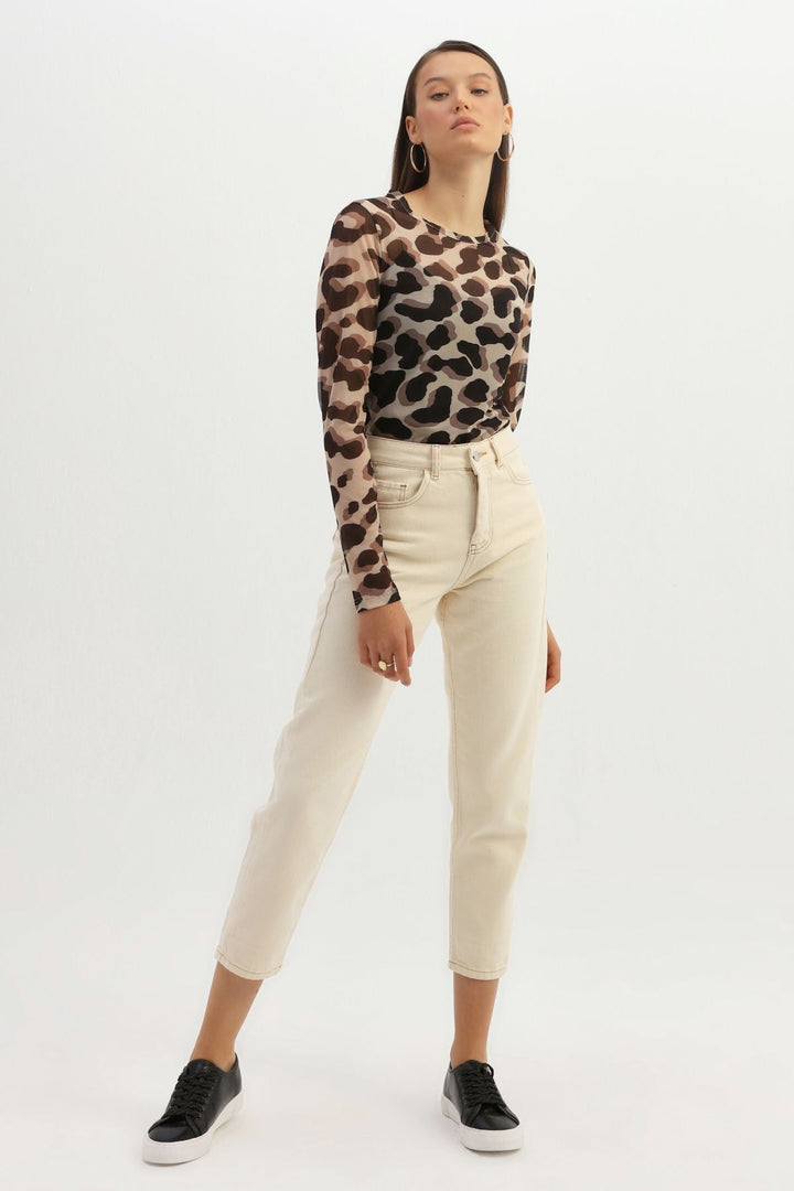 Leopard Patterned Tulle Blouse Brown