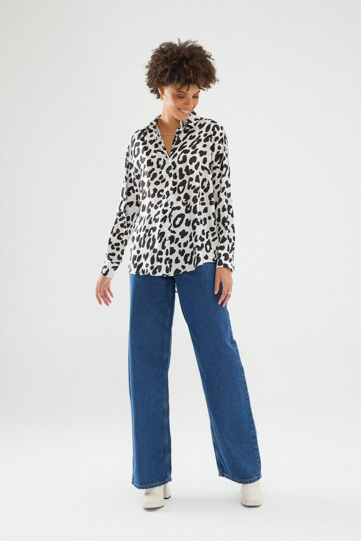 Desenli Saten Gömlek Siyah