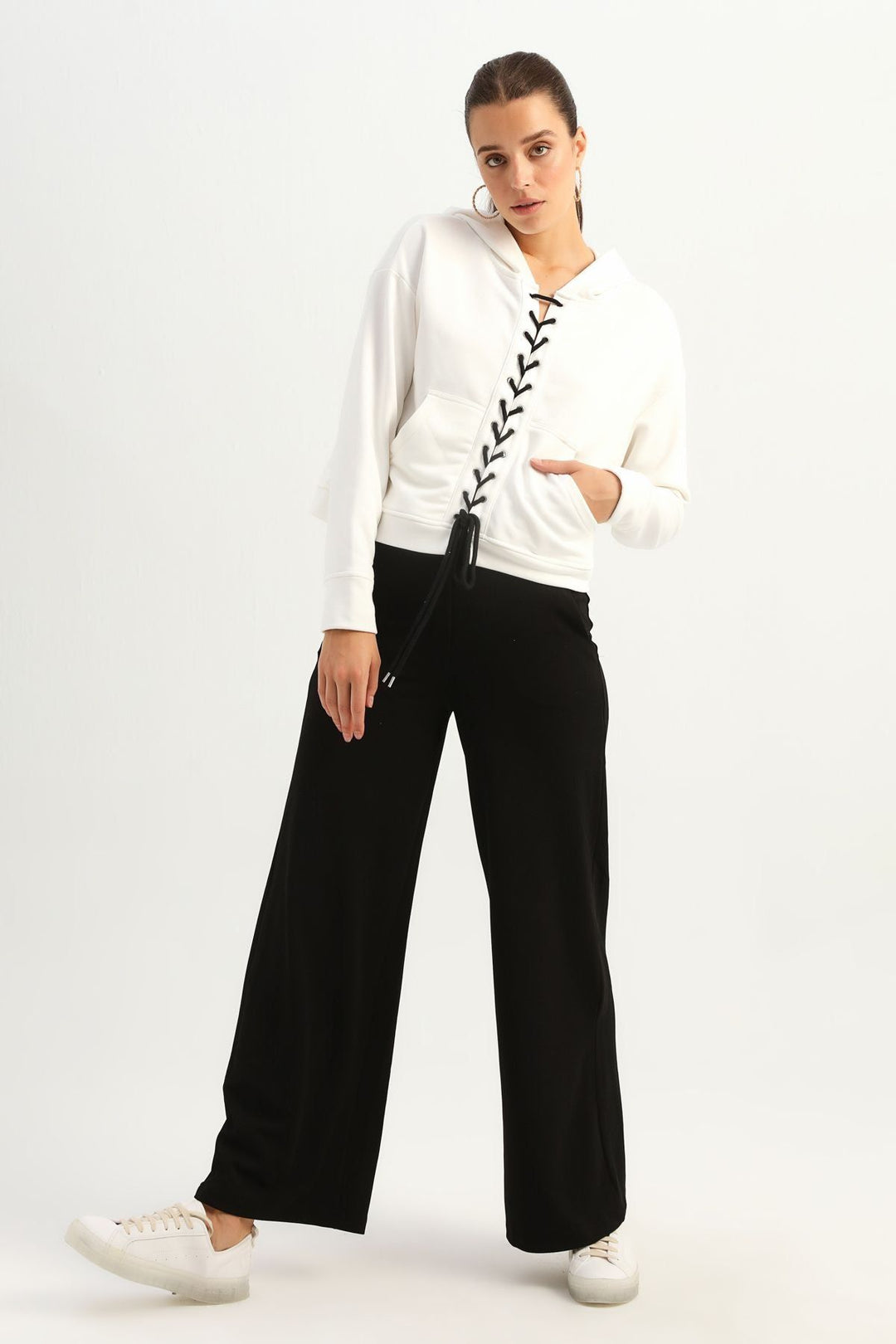 Bağcıklı Kapüşonlu Sweatshirt Ekru