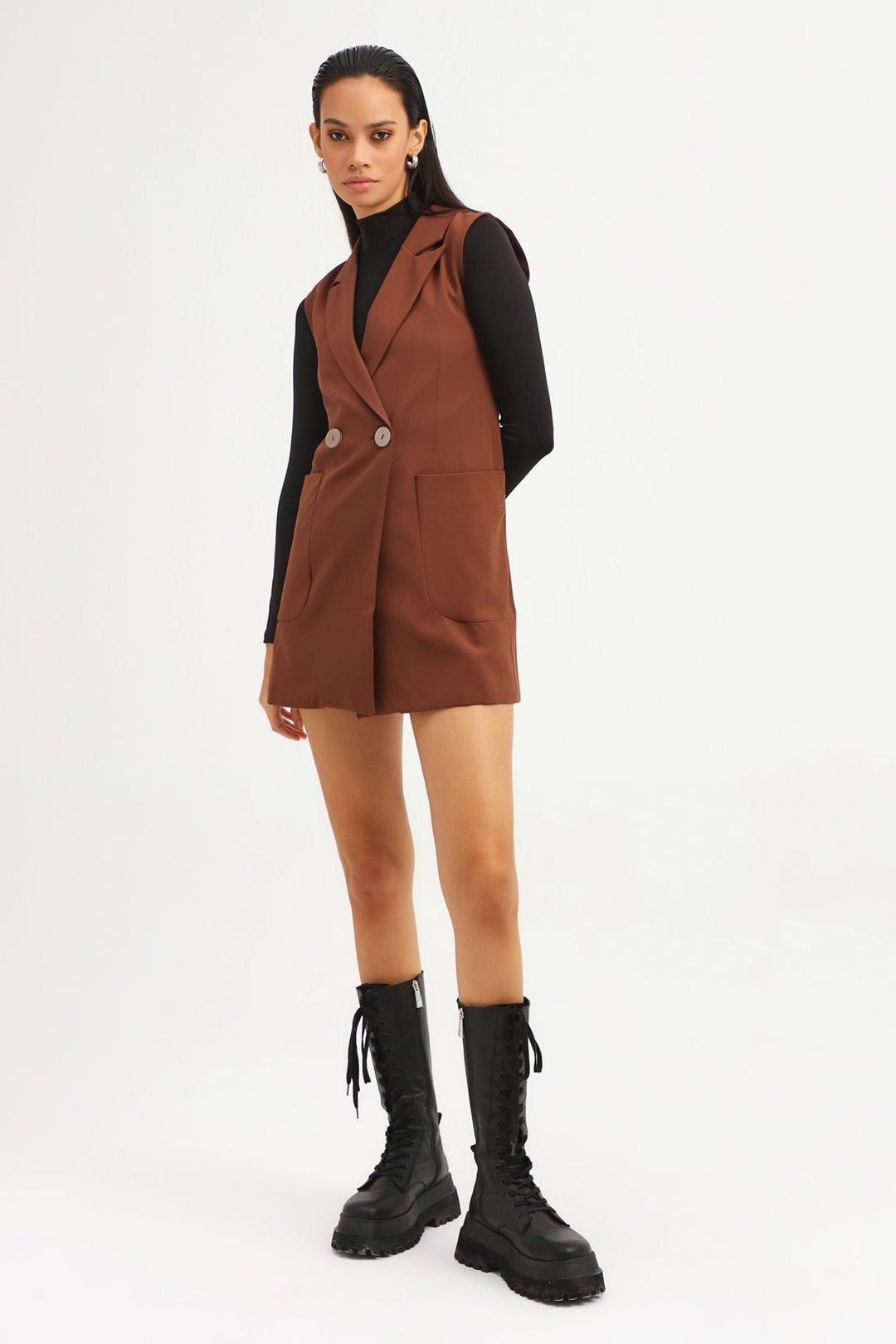 Double Breasted Vest Dress Dark Brown