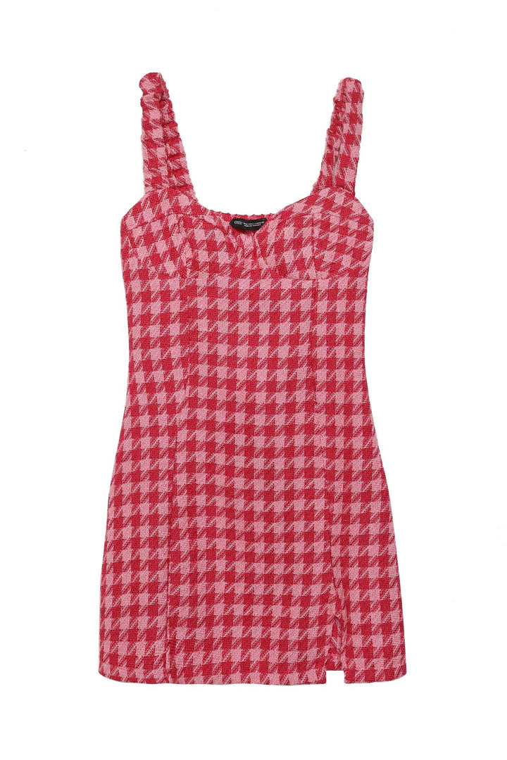 Slit Detailed Tweed Mini Dress Fuchsia