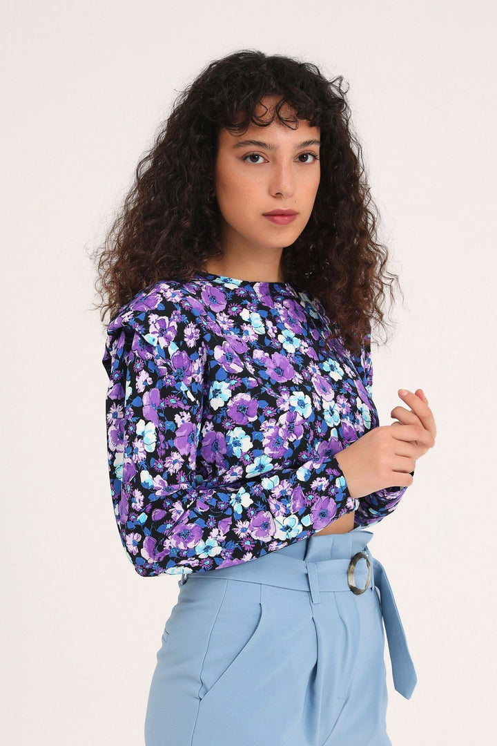 Floral Waistband Crop Blouse Purple