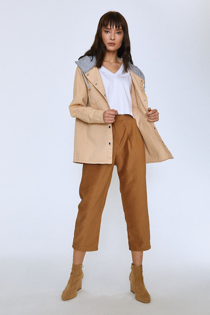 Hooded Shirt Jacket with Pockets Beige