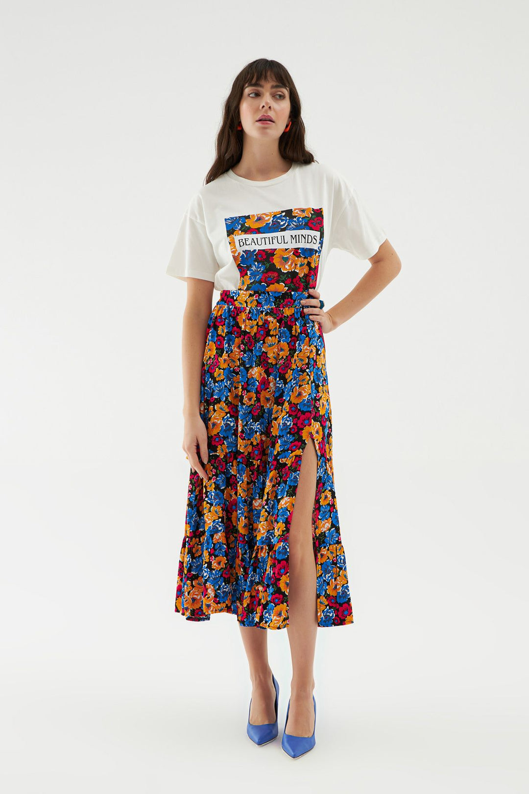 Floral Slit Midi Length Skirt Navy Blue