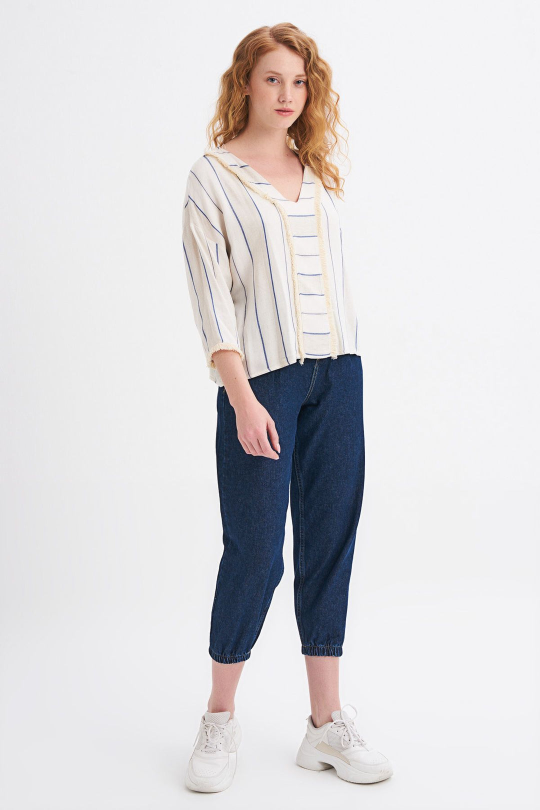 Striped Tassel Detailed V-Neck Blouse Indigo