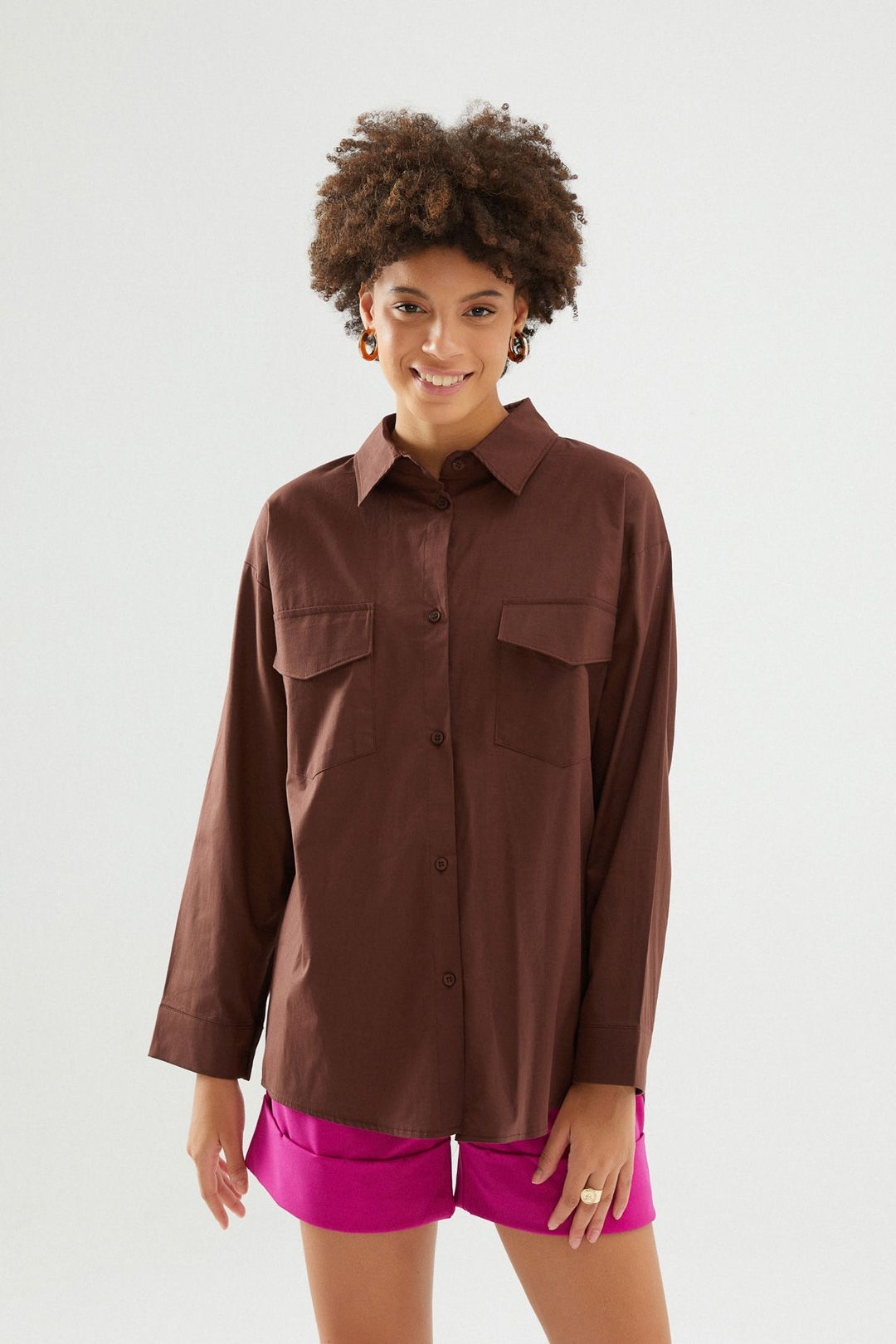 Sırt Dekolteli Oversize Gömlek Koyu Kahve