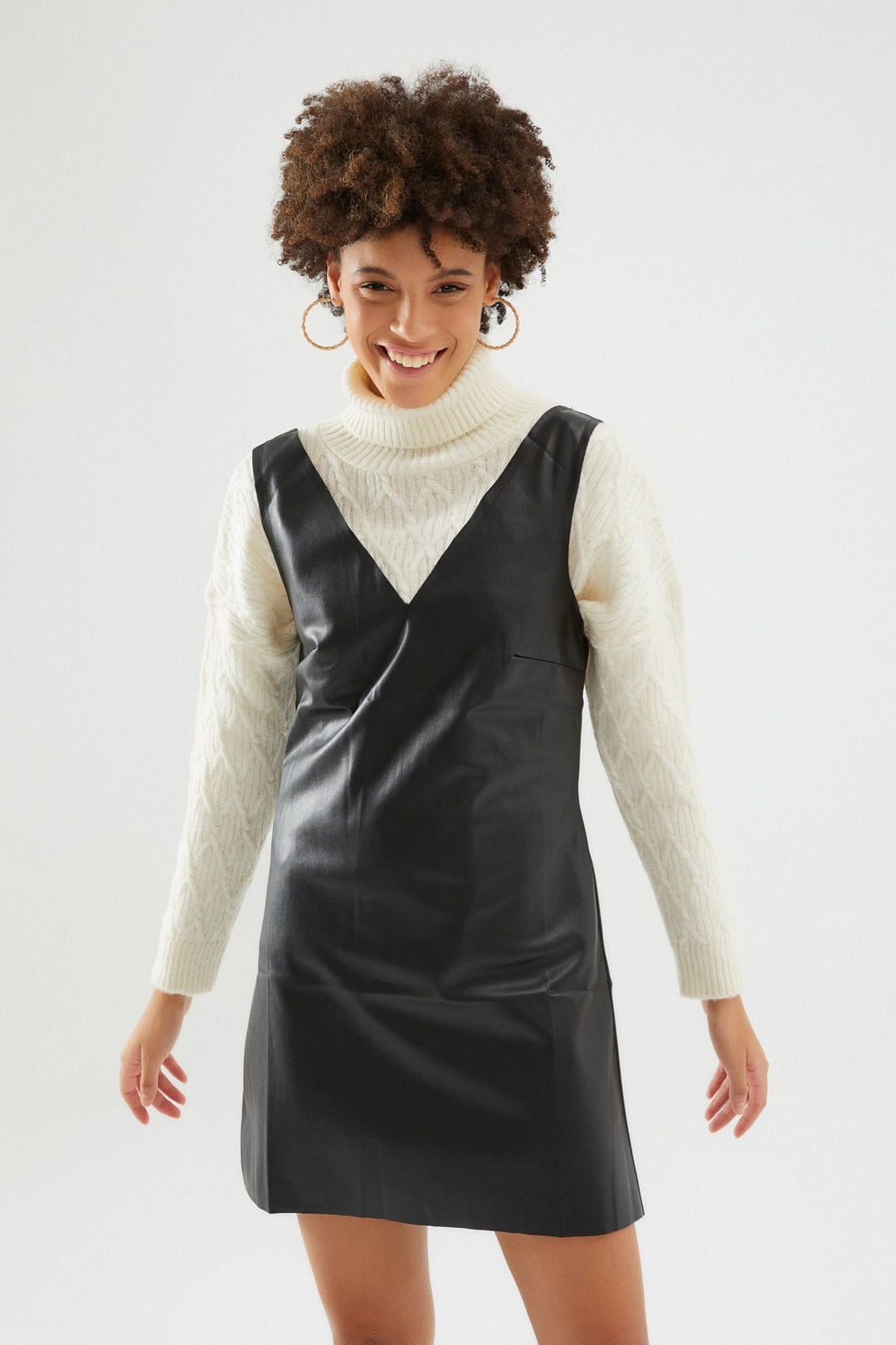 V Neck Leather Dress Black