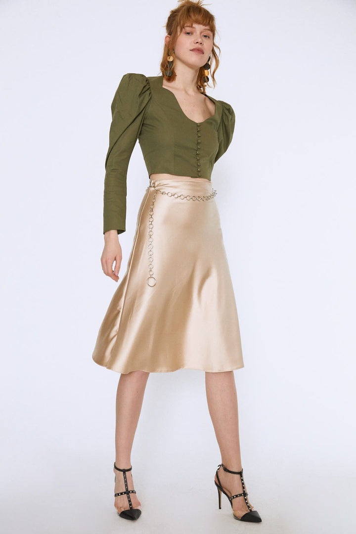 Chain Waist Midi Skirt Beige