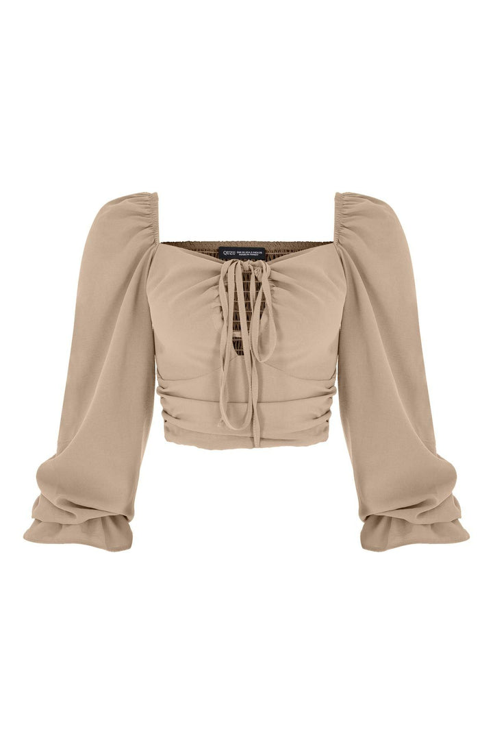 Tie Detailed Balloon Sleeve Blouse Beige