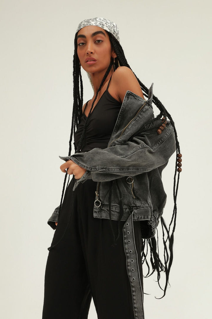 Belt Detailed Zippered Denim Jacket Gray