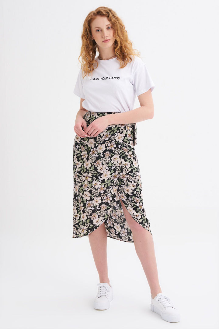 Floral Patterned Wrap Skirt Black