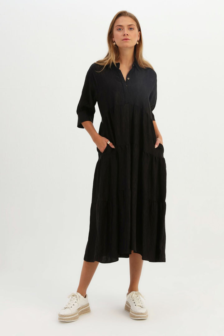 Shirt Collar Raglan Sleeve Dress Black